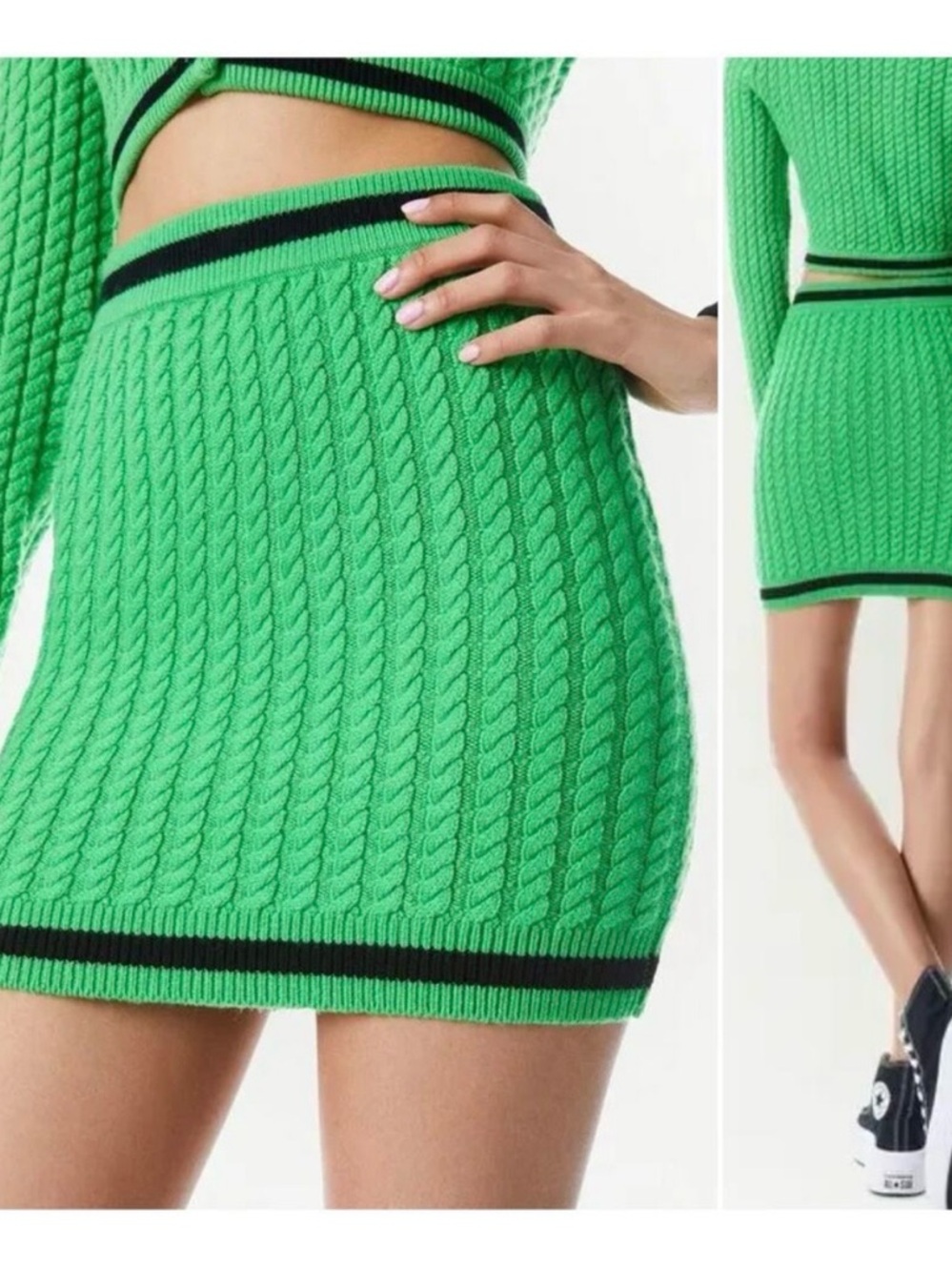 Alice + Olivia Bright Green Cable-Knit Mini Skirt with Black Trim